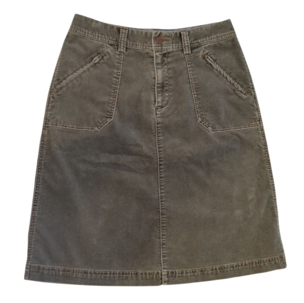 Eddie Bauer Olive Green Corduroy A-Line Skirt Petite 4 Stretch Cottagecore 70s